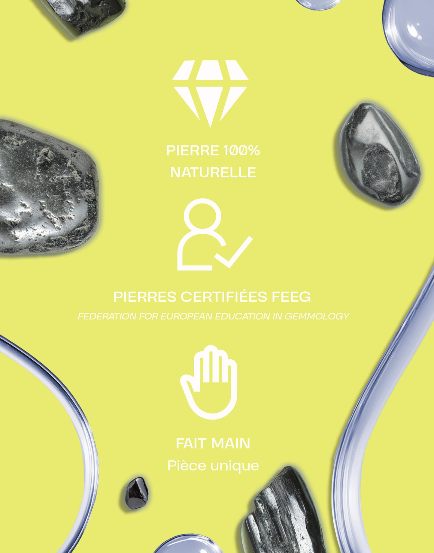 Image présentant des pierres d'obsidienne noire naturelles certifiées par la FEEG, fait main, sur un fond jaune avec des éléments graphiques blancs