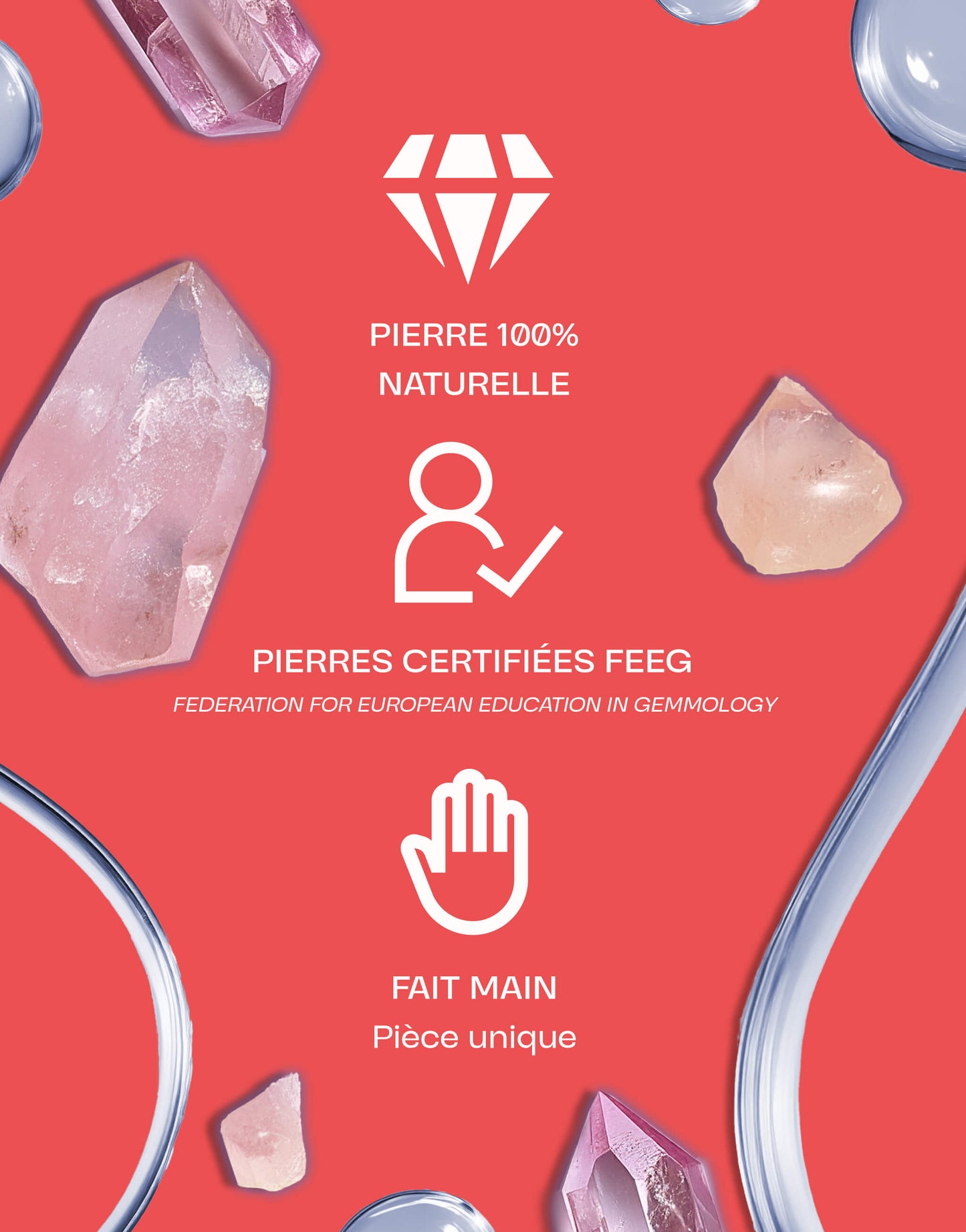 Image présentant des pierres de quartz rose naturelles certifiées par la FEEG, fait main, sur un fond rouge avec des éléments graphiques roses