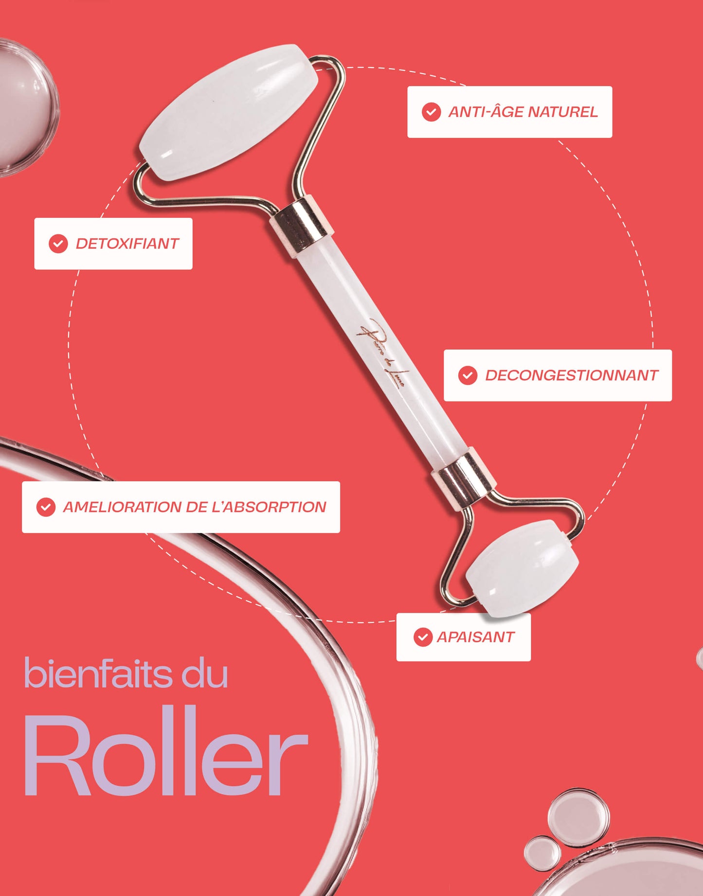 Image présentant un roller en cristal de roche avec ses bienfaits : anti-âge naturel, détoxifiant, décongestionnant, apaisant et amélioration de l'absorption, sur un fond rouge avec des éléments graphiques