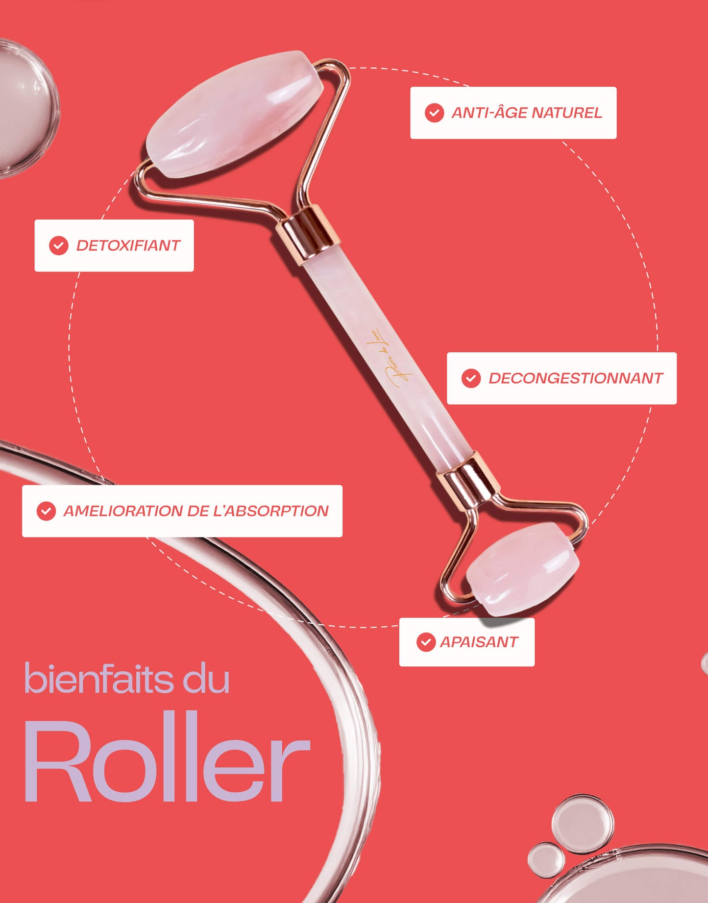 Image présentant un roller en quartz rose avec ses bienfaits : anti-âge naturel, détoxifiant, décongestionnant, apaisant et amélioration de l'absorption, sur un fond rouge avec des éléments graphiques