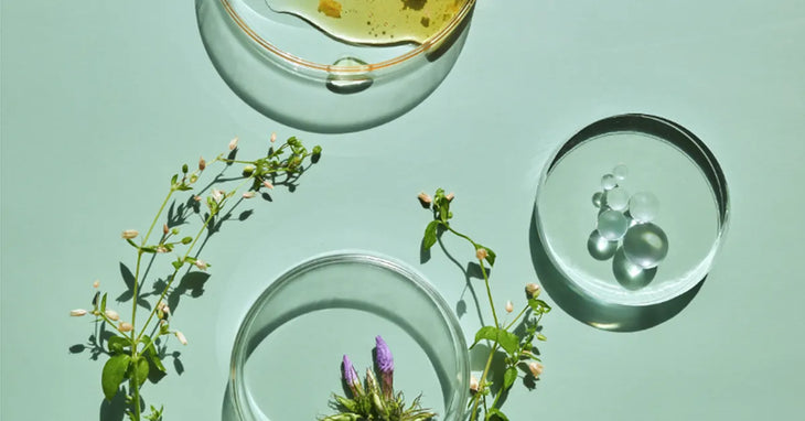 Ingrédients naturels illustrant chaque étape skincare : miel, fleurs, gel et crème dans coupelles en verre